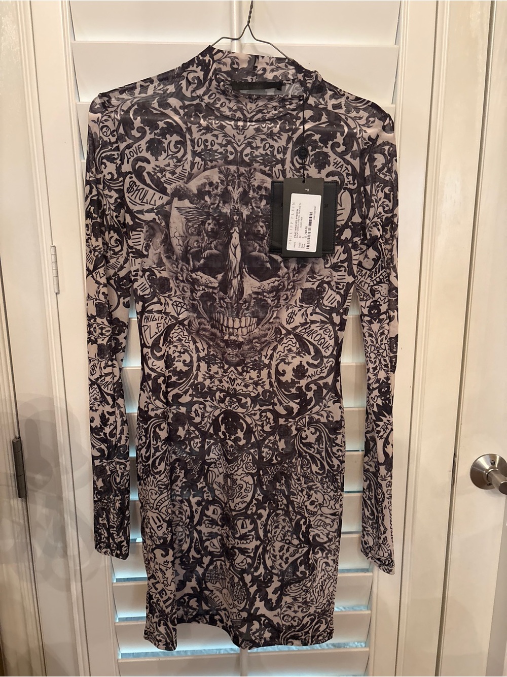 Philipp Plein Black and Cream Skull Baroque Long Sleeve Dress